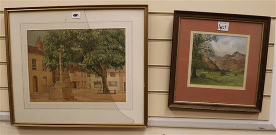 William E. Willats, watercolour, Alfriston, signed, 28 x 38cm and an Alan Taylor landscape, 19 x 20cm.